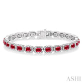 4X3 MM Emerald Cut Ruby and 2 1/5 Ctw Round Cut Diamond Halo Precious Bracelet in 14K White Gold