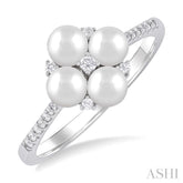 4 MM Floral Center Round Shape Cultured Pearl and 1/8 Ctw Round Cut Diamond Fashion Ring in 10K White Gold