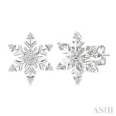 1/10 Ctw Petite Snowflake Round Cut Diamond Halo Fashion Stud Earrings in 10K White Gold