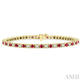 2.5 MM Ruby and 1 1/2 Ctw Round Cut Diamond Square Box Link Precious Tennis Bracelet in 14K Yellow Gold