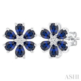 4X3 MM Floral Blossom Pear Cut Sapphire and 1/20 Ctw Round Cut Diamond Precious Stud Earrings in 14K White Gold