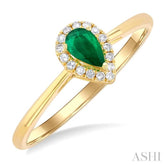 5x3 MM Pear Shape Emerald and 1/20 Ctw Round Cut Diamond Halo Precious Ring in 10K Yellow Gold