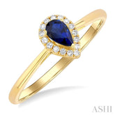 5x3 MM Pear Shape Sapphire and 1/20 Ctw Round Cut Diamond Halo Precious Ring in 10K Yellow Gold