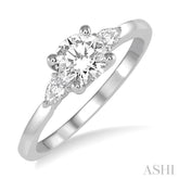 3/4 Ctw Pear and Round Cut Diamond Ladies Engagement Ring With 1/2 Ct Round Cut Center Stone in 14K White Gold