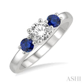 3.50 MM Round Shape Sapphire and 3/8 Ctw Past, Present and Future Round Cut Diamond Precious Ring in 14K White Gold