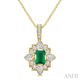 5/8 Ctw Art Deco 6X4MM Octagon Shape Emerald and Mixed Diamond Cut Precious Pendant With Chain in 14K Yellow Gold