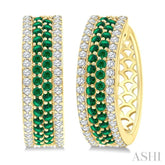 5/8 Ctw Twin Row 1.50MM Round Cut Emerald and Round Cut Diamond Precious Hoop Earring in 14K Yellow Gold