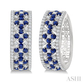 3/4 Ctw Floral Panel 1.80MM Round Cut Sapphire and Round Cut Diamond Precious Hoop Earring in 14K White Gold