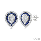 1/3 Ctw Pear Shape 1.25MM & 1.00MM Round Cut Sapphire, Baguette and Round Cut Diamond Fusion Precious Stud Earring in 14K White Gold