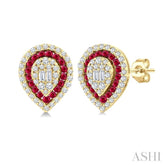 1/3 Ctw Pear Shape 1.25MM & 1.00MM Round Cut Ruby, Baguette and Round Cut Diamond Fusion Precious Stud Earring in 14K Yellow Gold