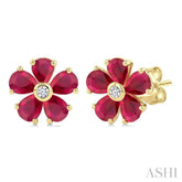 4x3 MM Blossom Pear Shape Ruby and 1/20 Ctw Round Cut Diamond Precious Stud Earrings in 10K Yellow Gold
