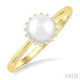 6 MM Round Shape Cultured Pearl and 1/10 Ctw Petite Round Cut Diamond Floral Halo Fashion Ring in 10K Yellow Gold