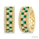 1 Ctw Fretwork 2MM Round Cut Emerald and Round Cut Diamond Precious Hoop Earring in 14K Yellow Gold
