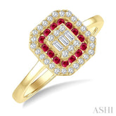 1/4 Ctw Octagonal Shape 1.35MM Round Cut Ruby, Baguette and Round Cut Diamond Precious Fusion Ring in 14K Yellow Gold