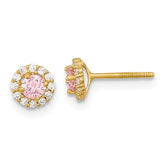 14k Madi K Polished 3mm Round Pink and Clear CZ Halo Screwback Post Earrings
