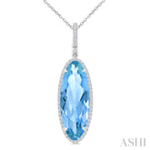 22X8 MM Oval Shape Blue Topaz and 1/4 Ctw Round Cut Diamond Semi-Precious Pendant With Chain in 14K White Gold