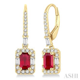 5x3 MM Octagon Cut Ruby and 1/2 Ctw Round Cut Diamond Precious Earrings in 14K Yellow Gold