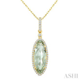 16X6 MM Evoque Gemstone Oval Shape Green Amethyst and 1/5 Ctw Round Cut Diamond Semi-Precious Pendant With Chain in 10K Yellow Gold