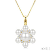 4MM & 7MM White Cultured Pearl and 1/10 Ctw Floral Round Cut Diamond Fashion Pendant With Chain in 10K Yellow Gold
