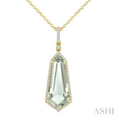 22X9 MM Evoque Gemstone Shield Shape Green Amethyst and 1/4 Ctw Round Cut Diamond Semi-Precious Pendant With Chain in 14K Yellow Gold