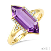 16X6 MM Evoque Gemstones Hexagon Shape Amethyst and 1/10 Ctw Round Cut Diamond Semi-Precious Ring in 10K Yellow Gold