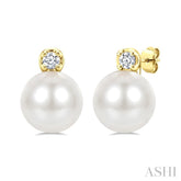 6 MM Cultured Pearl and 1/20 Ctw Round Cut Diamond Fashion Earrings in 10K Yellow Gold