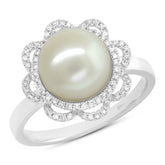 0.19ct Diamond and 1.34ct Fresh Water Pearl 14k White Gold Flower Ring
