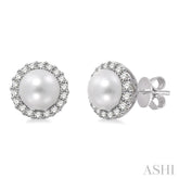 8 MM Cultured Pearls and 1/3 Ctw Round Cut Diamond Earrings in 14K White Gold