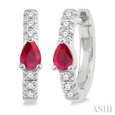 4X3 MM Pear Cut Ruby and 1/10 Ctw Round Cut Diamond Petite Huggie Earrings in 10K White Gold