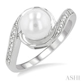 1/50 Ctw Bypass Round Cut Diamond & 7x7 MM Cultured Pearl Ring in Sterling Silver