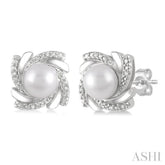 1/50 Ctw Swirl Round Cut Diamond & 6x6 MM Cultured Pearls Earring in Sterling Silver