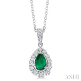 6X4 MM Pear Cut Emerald and 1/4 Ctw Round Cut Diamond Precious Pendant With Chain in 14K White Gold
