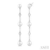 4 MM, 5 MM & 6 MM Round Shape Cultured Pearls and 1/10 Ctw Round Cut Diamond Station Long Earring in 14K White Gold