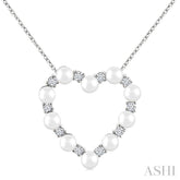 3 MM Round Shape Cultured Pearl and 1/5 Ctw Round Cut Diamond Heart Shape Pendant With Chain in 14K White Gold