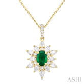 7x5 MM Oval Cut Emerald and 1 Ctw Pear & Round Cut Diamond Precious Pendant With Chain in 14K Yellow Gold