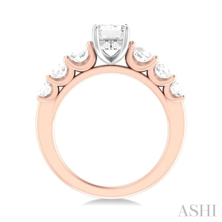 1 1/10 Ctw Emerald Shape Round Cut Diamond Semi Mount Engagement Ring in 14K Rose and White Gold