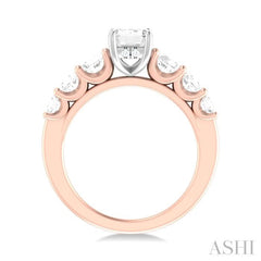 1 1/10 Ctw Emerald Shape Round Cut Diamond Semi Mount Engagement Ring in 14K Rose and White Gold