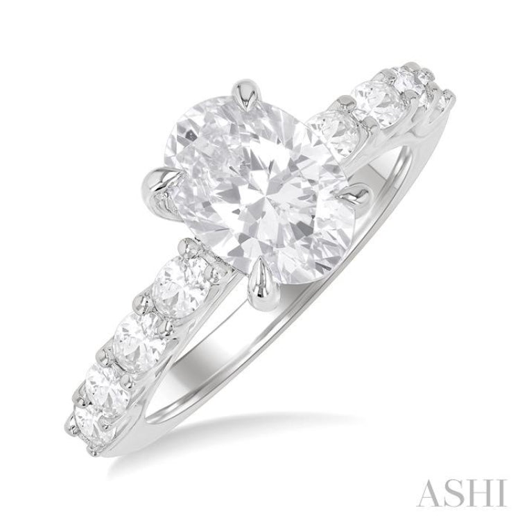 7/8 ctw Oval Shape Oval and Round Cut Diamond Semi Mount Engagement Ring in 14K White Gold