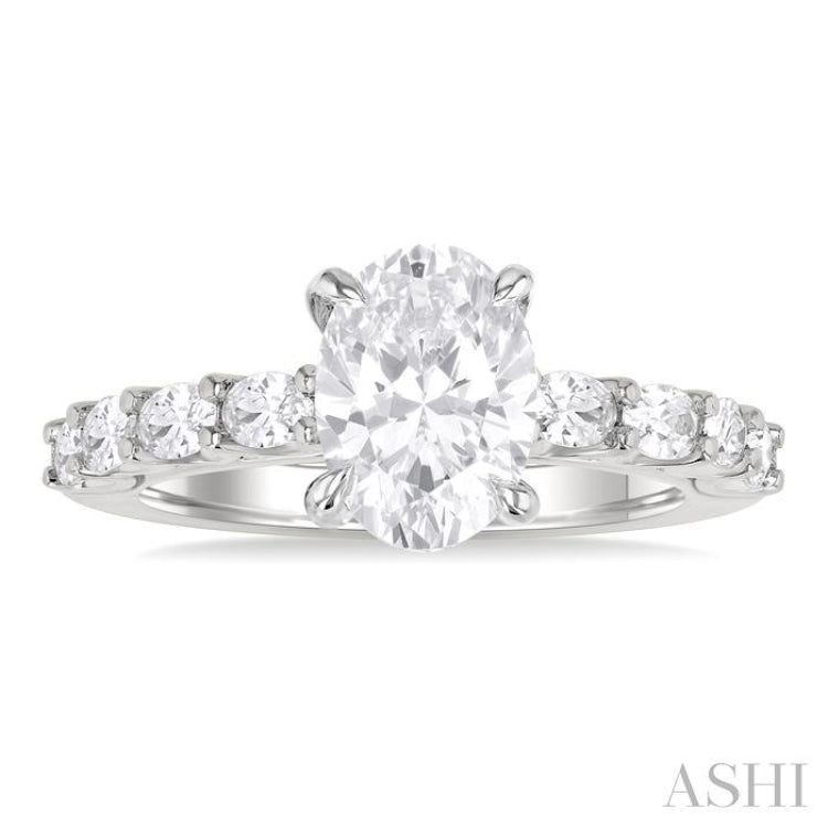 7/8 ctw Oval Shape Oval and Round Cut Diamond Semi Mount Engagement Ring in 14K White Gold