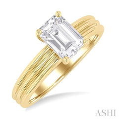 1/20 Ctw Emerald Shape Grooved Shank Round Cut Diamond Semi Mount Engagement Ring in 14K Yellow Gold