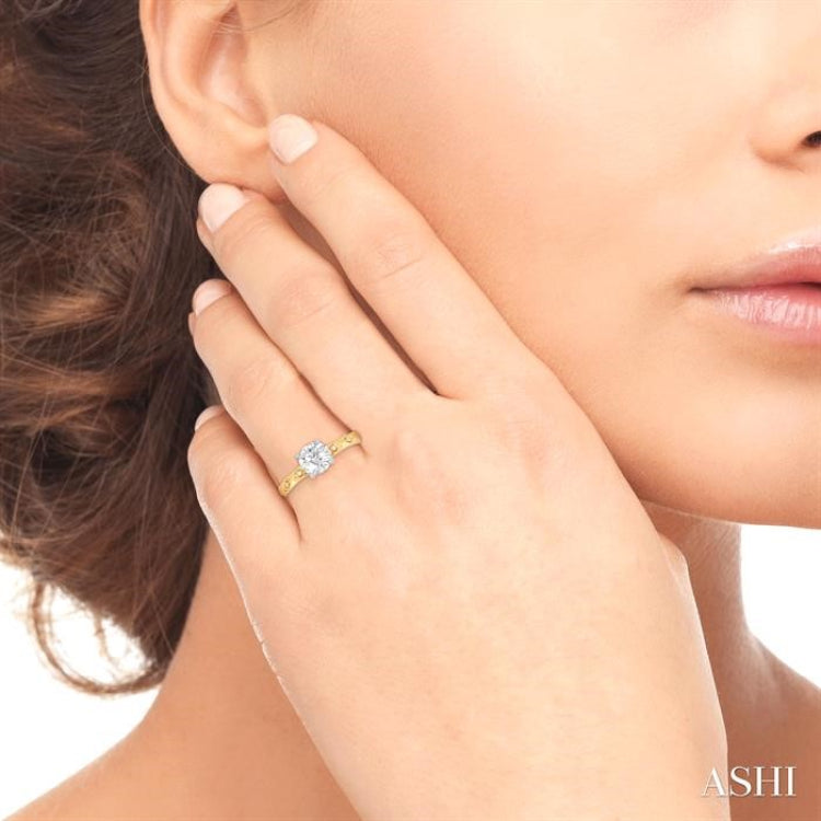 1/10 Ctw Circular Shape Grooved Shank Semi Mount Diamond Engagement Ring in 14K Yellow and White Gold