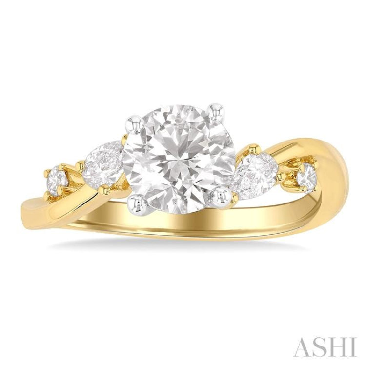 1/4 Ctw Bypass Circular Shape Pear and Round Cut Diamond Semi Mount Engagement Ring in 14K Yellow and White Gold