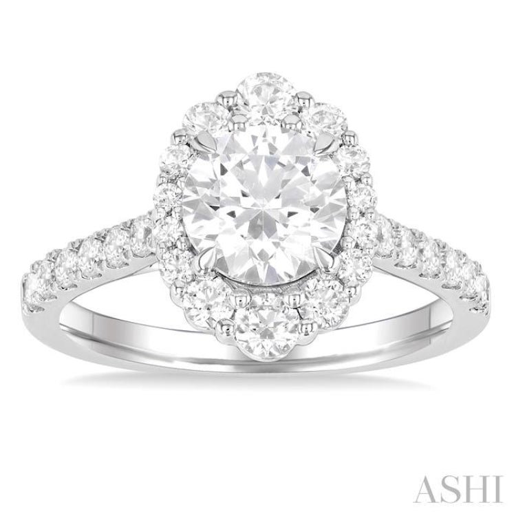3/4 ctw Scalloped Oval Centerpiece Circular Shape Round Cut Diamond Semi Mount Engagement Ring in 14K White Gold
