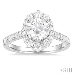 3/4 ctw Scalloped Oval Centerpiece Circular Shape Round Cut Diamond Semi Mount Engagement Ring in 14K White Gold
