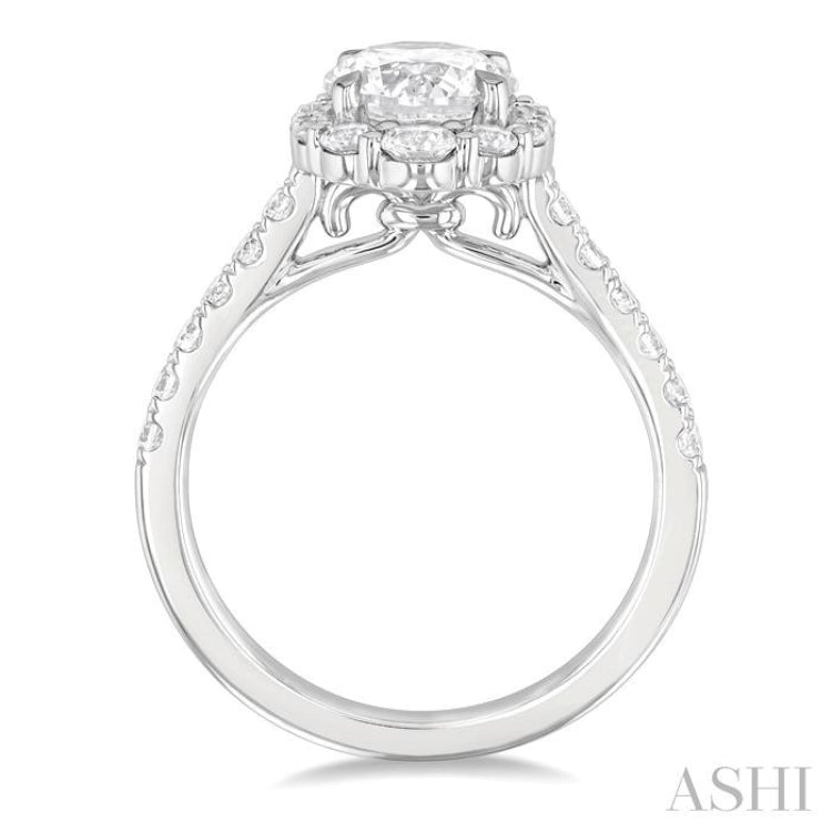 3/4 ctw Scalloped Oval Centerpiece Circular Shape Round Cut Diamond Semi Mount Engagement Ring in 14K White Gold