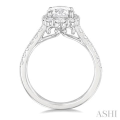 3/4 ctw Scalloped Oval Centerpiece Circular Shape Round Cut Diamond Semi Mount Engagement Ring in 14K White Gold