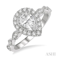 1/3 Ctw Pear Shape Carved Shank Round Cut Diamond Semi-Mount Engagement Ring in 14K White Gold