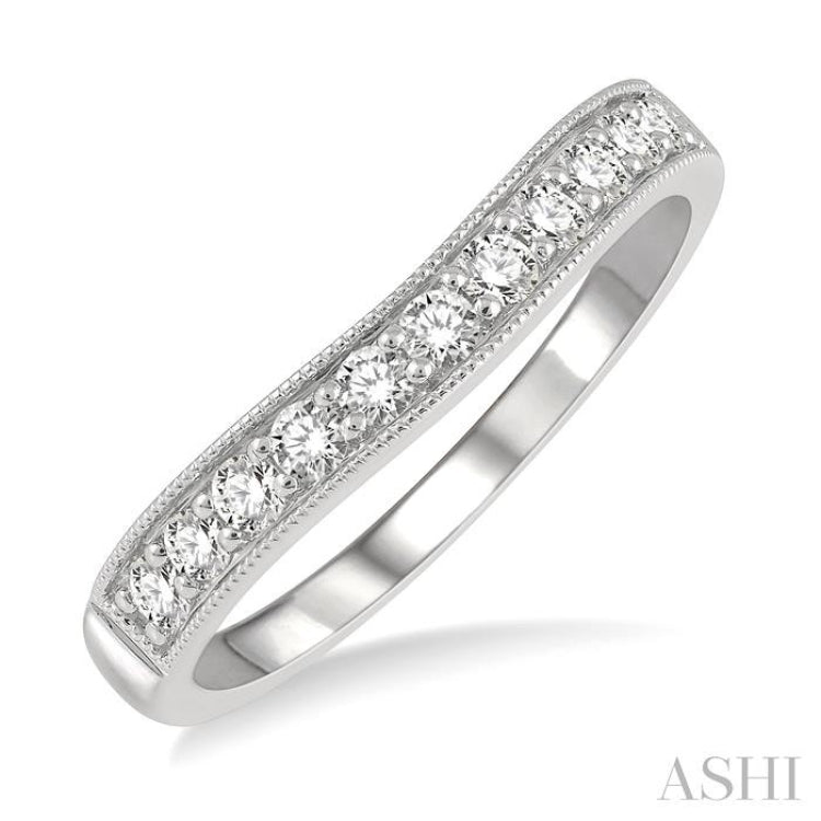 1/3 Ctw Curved Center Milgrain Border Round Cut Diamond Wedding Band in 14K White Gold