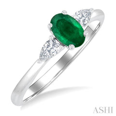 6X4 MM Oval Cut Emerald and 1/4 Ctw Pear Cut Diamond Precious Ring in 14K White Gold