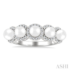 4 MM Round Shape Cultured Pearl and 1/5 Ctw Round Cut Diamond Halo Ring in 14K White Gold